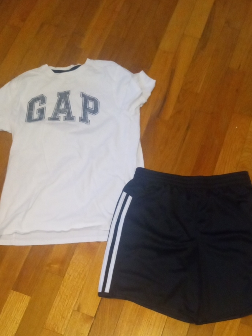 GAP White Logo Tee with Black ADIDAS Athletic Shorts boys XL